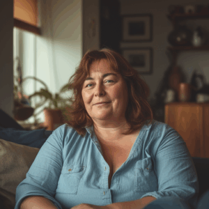 Plus size Frau in blauer Bluse sitzt lächelnd auf einem Sofa.