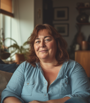 Plus size Frau in blauer Bluse sitzt lächelnd auf einem Sofa.