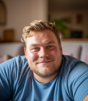 Mann mit blonden Haaren im blauen T-Shirt sitzt lächenld auf einem Sofa.