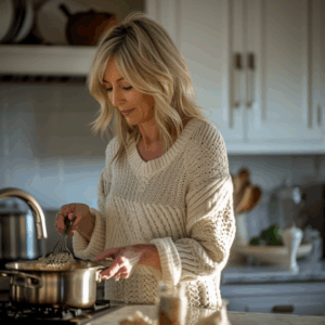 Frau mit hellen Haaren steht in einer hellen Küche und kocht.