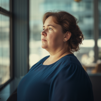 Eine übergewichtige Frau im blauen Kleid steht vor einem Fenster und sieht nach draußen.