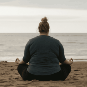 Plus size Frau meditiert am Strand.