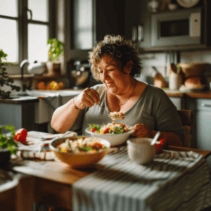 Frau sitzt in der Küche und isst eine Bowl.