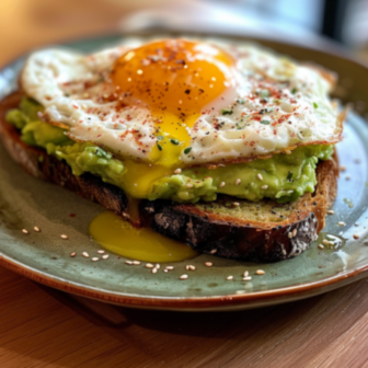 Ein Avocadobrot mit Spiegelei auf einem Teller.