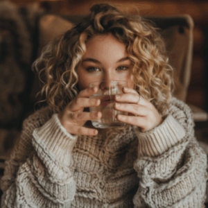 Plus size Frau trinkt ein Glas Wasser