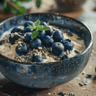 Eine Schüssel mit Porridge und Blaubeeren.