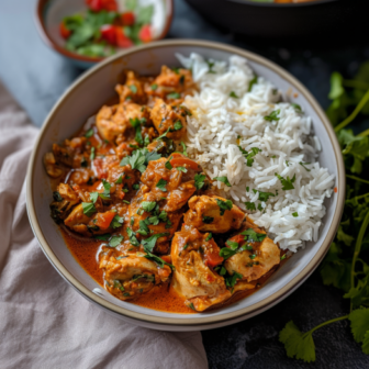 Eine Schüssel mit Chicken Curry und Reis.