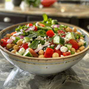 Eine große Schüssel mit einem Kiechererbsen Feta Salat.