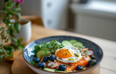 Teller mit einem Slat, Lachs und Spiegelei. Einem passenden Gericht für die Paleo Ernährung.