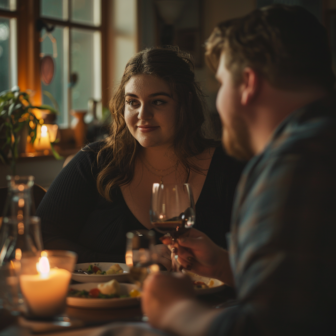 Ein junges Paar sitzt am Tisch und hat Abendessen zusammen.