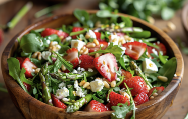 Frischer Salat mir Ruccola, Spargel, Erdbeeren & Feta