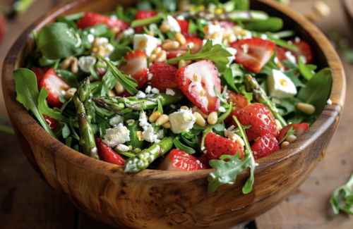 Frischer Salat mir Ruccola, Spargel, Erdbeeren & Feta