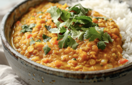 Ein Teller mit Reis und indischem Lentil Curry