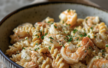 Linsenpasta in einer Schüssel mit Garnelen und cremiger Soße