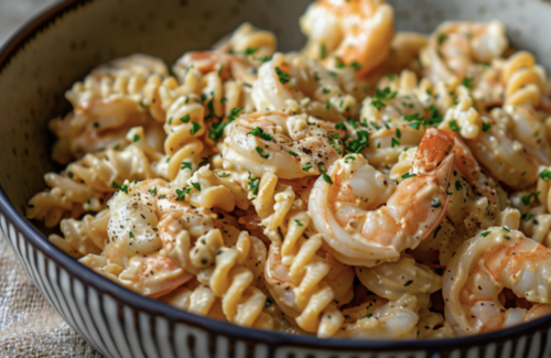 Linsenpasta in einer Schüssel mit Garnelen und cremiger Soße