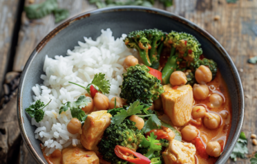 Rotes Thai-Curry mit Hähnchen, Kichererbsen, Brokkoli & Basmatireis