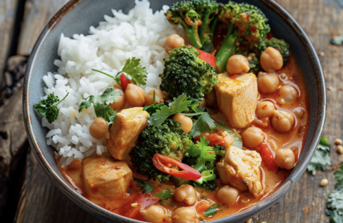 Rotes Thai-Curry mit Hähnchen, Kichererbsen, Brokkoli & Basmatireis