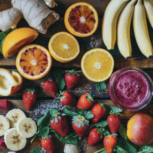 frische orangen, erdbeeren, Bananen und Ingwer auf einem Holztisch ausgebreitet