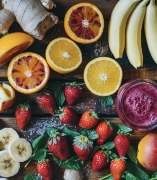 frische orangen, erdbeeren, Bananen und Ingwer auf einem Holztisch ausgebreitet