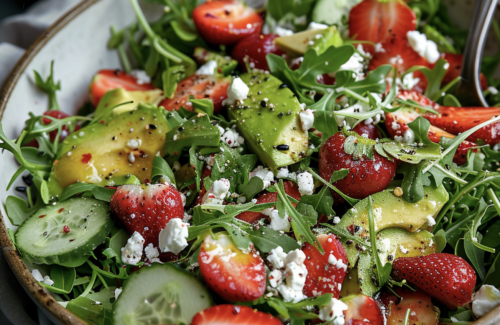 Sommerlicher Salat mit Erdbeeren, Gurke, Avocado & Feta