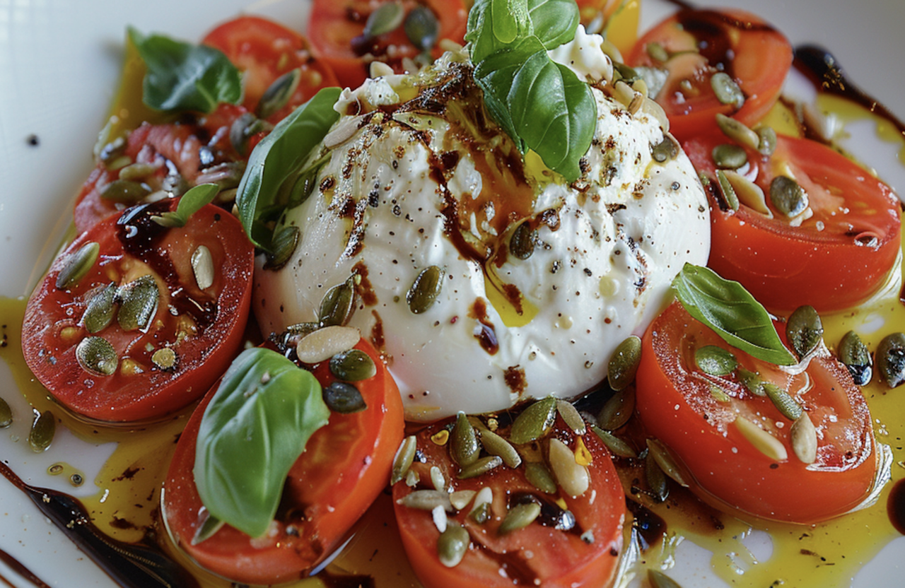 Tomaten-Burrata-Salat mit Basilikum & gerösteten Kernen | Oviva AG Tomaten-Burrata-Salat mit Basilikum & gerösteten Kernen | Oviva AG