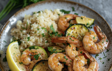Garnelenpfanne mit Zucchini, Zitrone & Reis