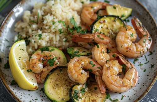 Garnelenpfanne mit Zucchini, Zitrone & Reis