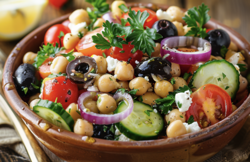 Mediterraner Kichererbsensalat mit Feta & Oliven