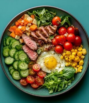 Ein Teller mit einem gesunden Salat mit Fleisch und einem Rührei.