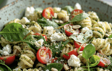 frischer pesto pasta Salat mit volkornnudeln, tomaten, feta, blattsalat und kernen in einer Bowl