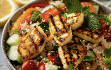 frischer Couscous Salat mit Halloumi und frischem Gemüse