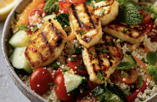 frischer Couscous Salat mit Halloumi und frischem Gemüse