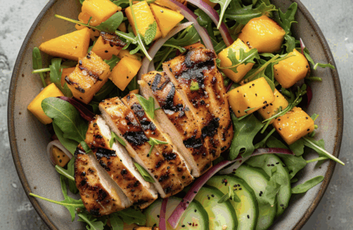 Gurken-Mango-Salat mit Rucola & gegrilltem Hähnchen