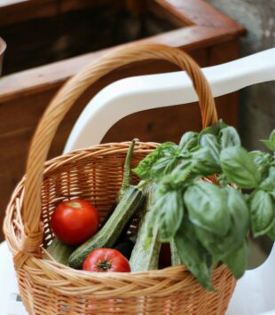 Ein Korb befüllt mit frischem regionalem Gemüse, wie Tomaten, Gurken und Kräutern.