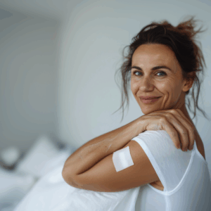 Eine Frau mit einem Pflaster auf dem Oberarm steht seitlich zur Kamera und lächelt.