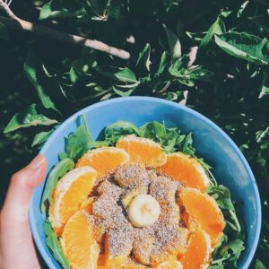 EIne Schale mit eintönigen Rucola-Orangen Salat.