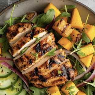 Teller mit Huhn, Gurke und Mango