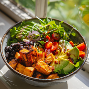 Süßkartoffel-Bowl mit Avocado, Bohnen & Limetten-Dressing
