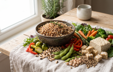 Linsen Tofu, Tempeh und allerlei Gemüse liegen auf einem Geschirrtuch auf einem Küchentisch