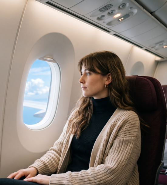 Frau sitzt am Fenster im Flugzeug