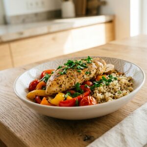 Hähnchenbrust mit Paprika-Tomaten-Gemüse & Quinoa