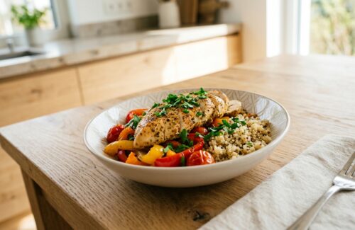 Hähnchenbrust mit Paprika-Tomaten-Gemüse & Quinoa