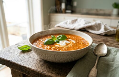 Tomaten-Linsen-Suppe mit frischem Basilikum