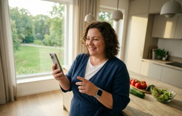 Frau schaut in der Küche auf ihr Handy