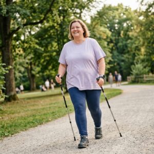 KI-generiert: frau läuft mit nordic walking stöcken durch einen Park