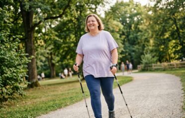 frau läuft mit nordic walking stöcken durch einen Park