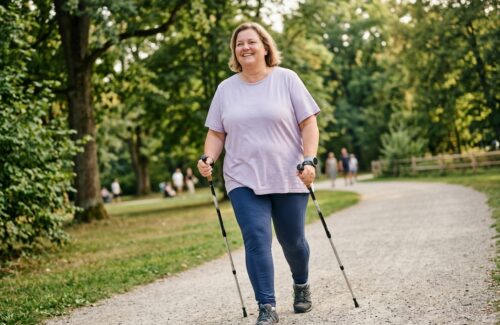 frau läuft mit nordic walking stöcken durch einen Park