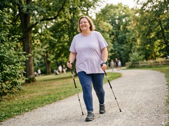 frau läuft mit nordic walking stöcken durch einen Park