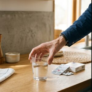 Eine Hand greift nach einem Wasserglas