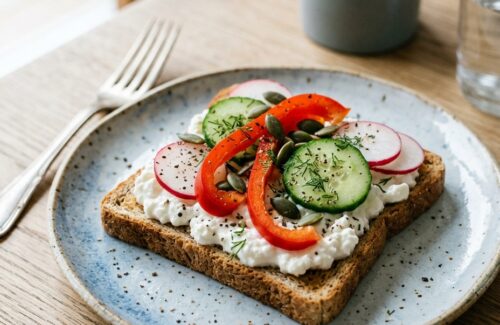 Belegte Vollorntoast mit Hüttenkäse und Gemüse